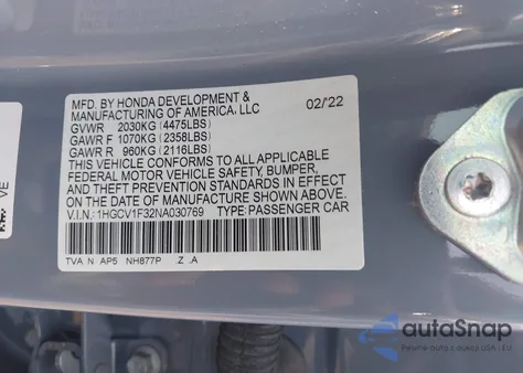 2022 Honda Accord Sport z USA, uszkodzony, nr VIN 1HGCV1F32NA030769